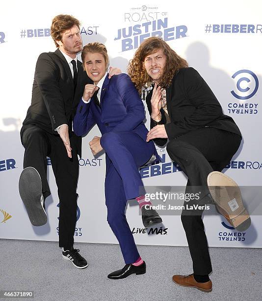 Anders Holm, Justin Bieber and Blake Anderson attend the Comedy Central Roast Of Justin Bieber on March 14, 2015 in Los Angeles, California.