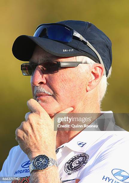 Head coach Michael Malthouse of the Blues looks on from the boundary line during the NAB Challenge AFL match between the Collingwood Magpies and the...