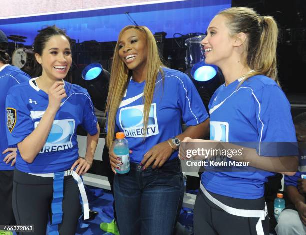 Meghan Markle, Serena Williams and Hannah Davis participate in the DirecTV Beach Bowl at Pier 40 on February 1, 2014 in New York City.