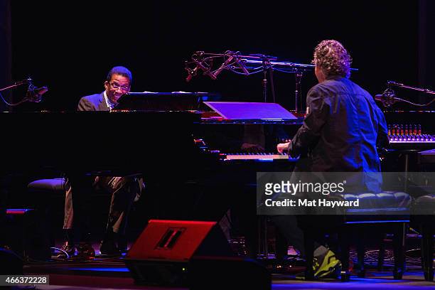 Herbie Hancock and Chick Corea perform on stage opening night of their tour at the Paramount Theatre on March 14, 2015 in Seattle, Washington.
