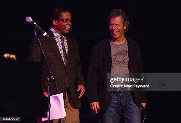 Herbie Hancock and Chick Corea perform on stage opening night of their tour at the Paramount Theatre on March 14, 2015 in Seattle, Washington.