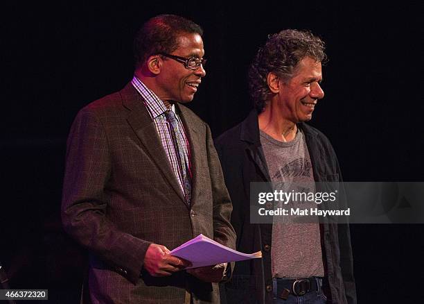 Herbie Hancock and Chick Corea perform on stage opening night of their tour at the Paramount Theatre on March 14, 2015 in Seattle, Washington.