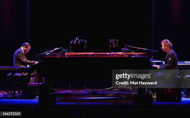 Herbie Hancock and Chick Corea perform on stage opening night of their tour at the Paramount Theatre on March 14, 2015 in Seattle, Washington.