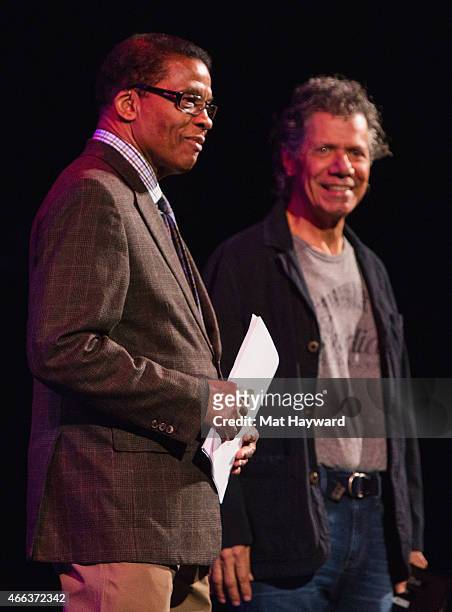 Herbie Hancock and Chick Corea perform on stage opening night of their tour at the Paramount Theatre on March 14, 2015 in Seattle, Washington.
