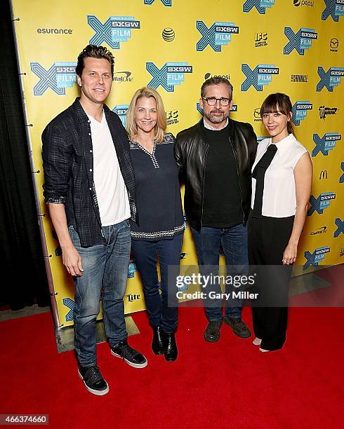 Hayes MacArthur, Nancy Carell, Steve Carell and Rashida Jones pose on the red carpet for a screening of "Angie Tribeca" at the Vimeo Theater during...