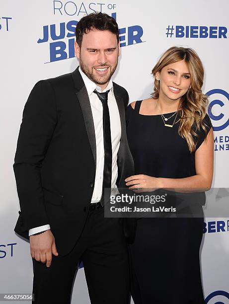 Scooter Braun and wife Yael Cohen Braun attend the Comedy Central Roast Of Justin Bieber on March 14, 2015 in Los Angeles, California.