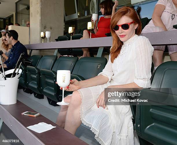 Actress Nicole Laliberte visits The Moet and Chandon Suite at the 2015 BNP Paribas Open on March 14, 2015 in Indian Wells, California.