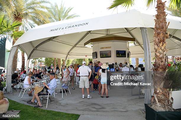 General view of atmosphere outside The Moet and Chandon Suite at the 2015 BNP Paribas Open on March 14, 2015 in Indian Wells, California.