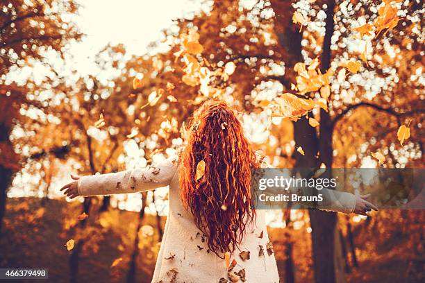 rear view of a woman throwing autumn leaves. - throwing leaves stock pictures, royalty-free photos & images