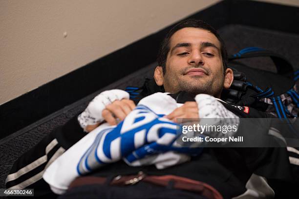 Beneil Dariush waits backstage before his fight against Daron Cruickshank during UFC 185 at the American Airlines Center on March 14, 2015 in Dallas,...