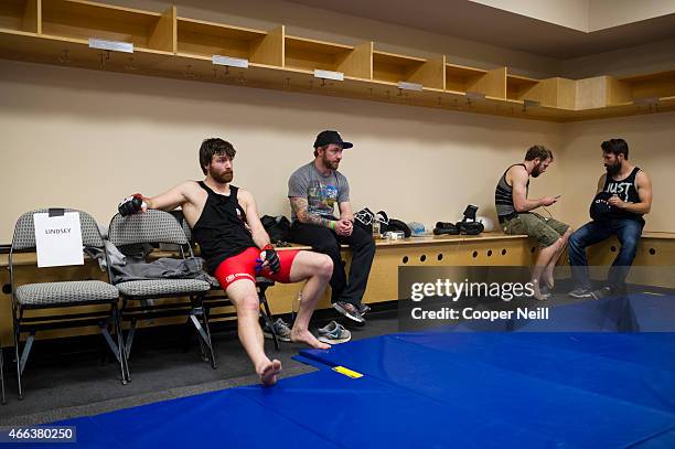 Jake Lindsey waits backstage before his fight against Joseph Duffy during UFC 185 at the American Airlines Center on March 14, 2015 in Dallas, Texas.