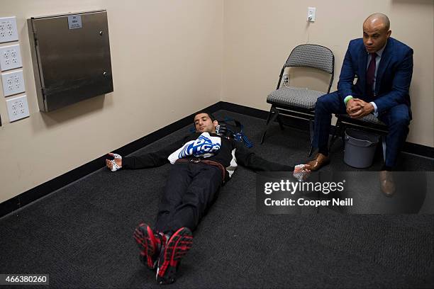 Beneil Dariush waits backstage before his fight against Daron Cruickshank during UFC 185 at the American Airlines Center on March 14, 2015 in Dallas,...