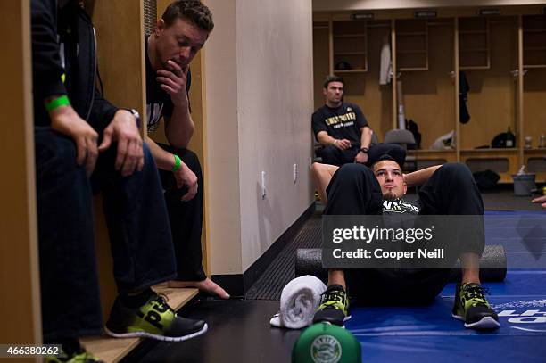 Anthony Pettis waits backstage before his fight against Rafael Dos Anjos during UFC 185 at the American Airlines Center on March 14, 2015 in Dallas,...