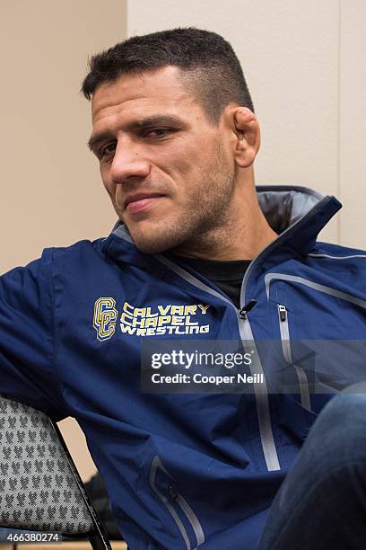 Rafael Dos Anjos waits backstage before his fight against Anthony Pettis during UFC 185 at the American Airlines Center on March 14, 2015 in Dallas,...