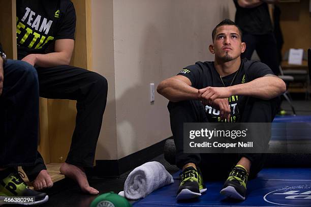 Anthony Pettis waits backstage before his fight against Rafael Dos Anjos during UFC 185 at the American Airlines Center on March 14, 2015 in Dallas,...