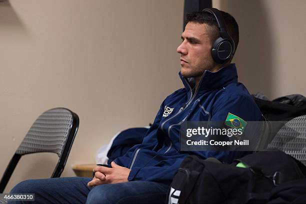 Rafael Dos Anjos waits backstage before his fight against Anthony Pettis during UFC 185 at the American Airlines Center on March 14, 2015 in Dallas,...