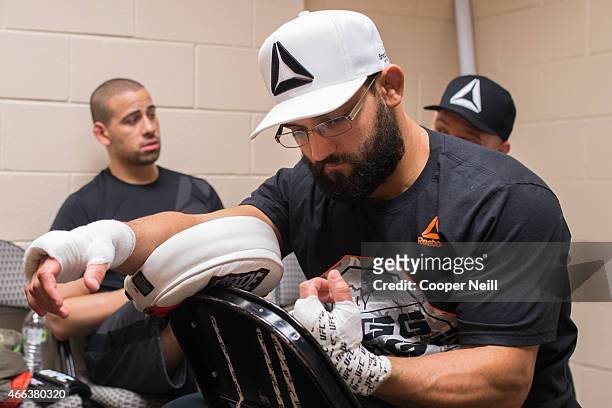 Johny Hendricks has his hands wrapped backstage before his fight against Matt Brown during UFC 185 at the American Airlines Center on March 14, 2015...