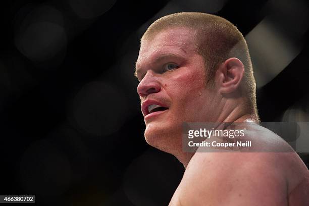 Josh Copeland looks on between rounds against Jared Rosholt during UFC 185 at the American Airlines Center on March 14, 2015 in Dallas, Texas.