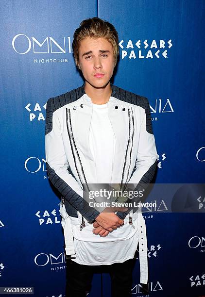 Singer Justin Bieber arrives to celebrate his 21st birthday at Omnia Nightclub at Caesars Palace on March 15, 2015 in Las Vegas, Nevada.