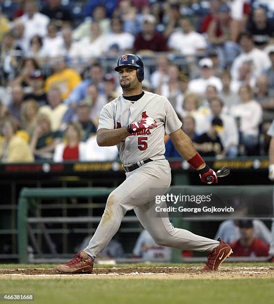 Albert Pujols of the St. Louis Cardinals bats against the Pittsburgh Pirates during a Major League Baseball game at PNC Park on June 3, 2004 in...