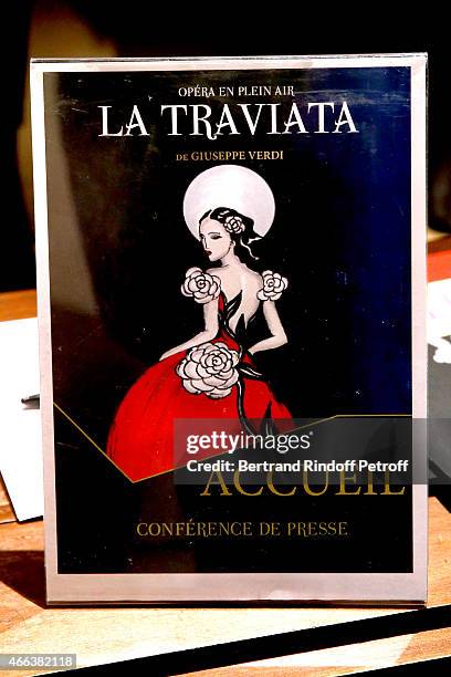 Illustration view of the poster during the Opera 'La traviata', 'Opera en plein Air 2015' : Press Conference. Held at Invalides on March 13, 2015 in...