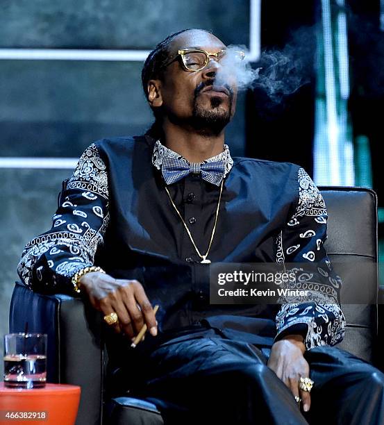 Rapper Snoop Dogg appears onstage at the Comedy Central Roast of Justin Bieber at Sony Studios on March 14, 2015 in Culver City, California.