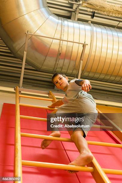 boy of eleven descending, gymnastics ladder in school gymnasium, europe - school gymnastics stock pictures, royalty-free photos & images