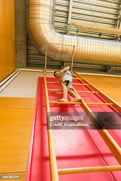 boy of eleven high on gymnastics ladder, school gymnasium, europe - school gymnastics stock pictures, royalty-free photos & images