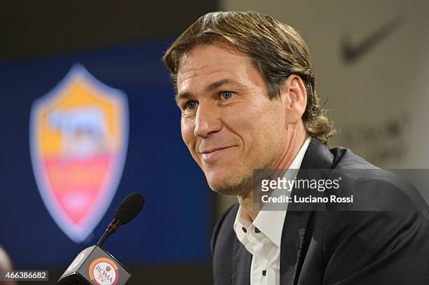 Roma coach Rudi Garcia attends a press confererence at Centro Sportivo Fulvio Bernardini on March 15, 2015 in Rome, Italy.