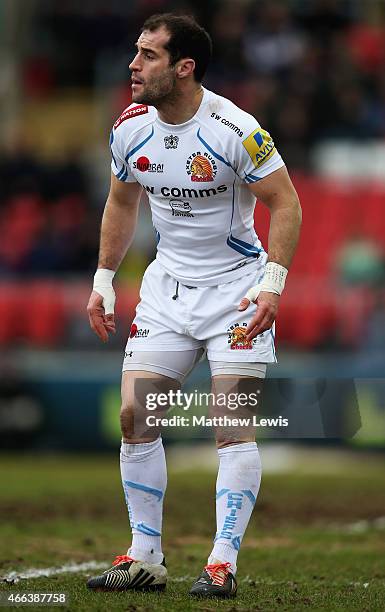 Haydn Thomas of Exeter Chiefs in action during the LV= Cup: Semi Final match between Leicester Tigers and Exeter Chiefs at Welford Road on March 15,...