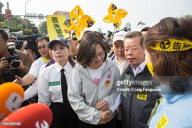 Taiwan's opposition leader Tsai Ing-wen shakes hands with one of her predessors, Frank Hsieh. Tsai will be the oppostion DPP presidential candidate...