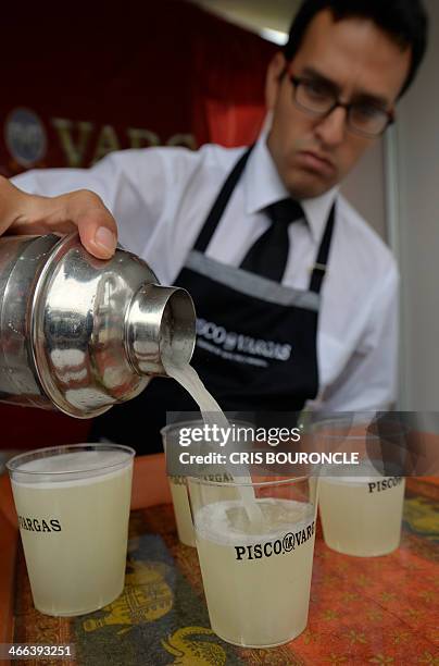 Bartender serves a Pisco Sour at a stand in a street festival in Lima on February 1 during celebrations for the national Day of Pisco Sour, an...