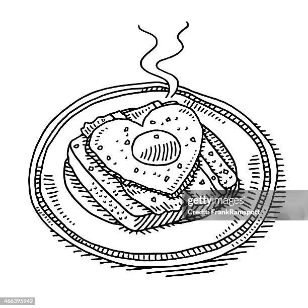 fried egg and ham on toast breakfast drawing - ham plate stock illustrations