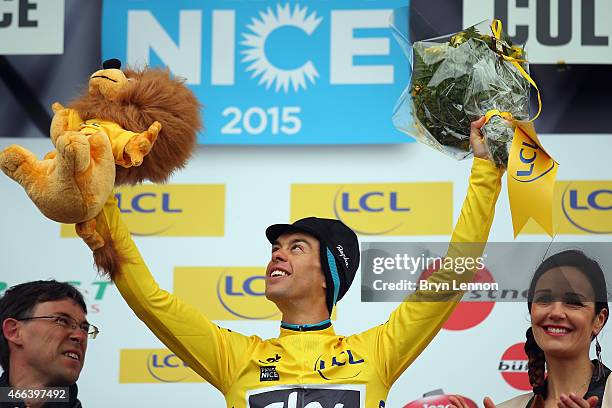 Richie Porte of Australia and Team SKY celebrates winning the Paris - Nice cycling race after stage seven of the 2015 Paris-Nice from Nice to Col...