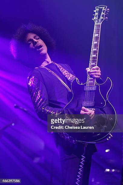 Prince performs onstage during the "HitnRun" tour opener at The Louisville Palace on March 14, 2015 in Louisville, Kentucky.