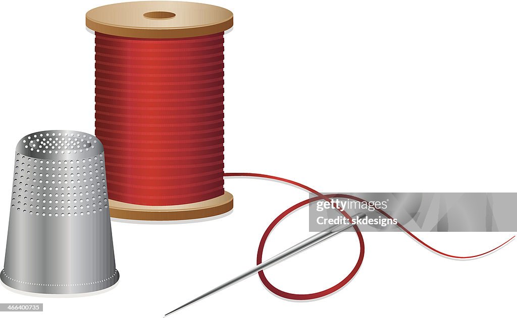 Sewing Thread, Spool, Needle, and Thimble Design Element Set, Icons