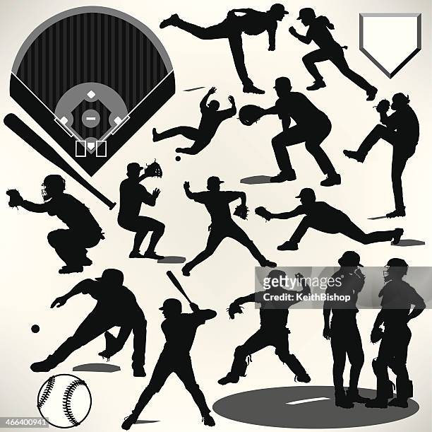 baseball players, bat, ball, pitcher, catcher, batter - baseball pitcher catcher stock illustrations