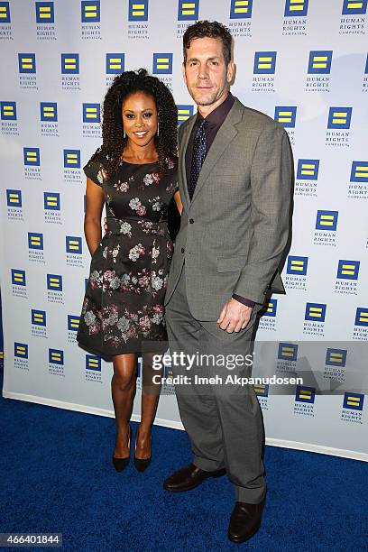 Actress Vinessa Antoine and producer Frank Valentini attend the 2015 Human Rights Campaign Los Angeles Gala Dinner at JW Marriott Los Angeles at L.A....