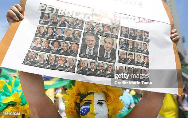 Anti-government protesters march along Copacabana beach on March 15, 2015 in Rio de Janeiro, Brazil. Protests across the country were held today...