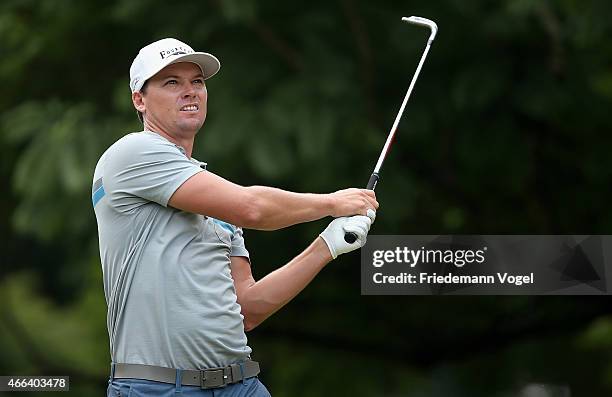 John Mallinger of the USA hits a shot during the fourth round of the 2015 Brasil Champions Presented by HSBC at the Sao Paulo Golf Club on March 15,...