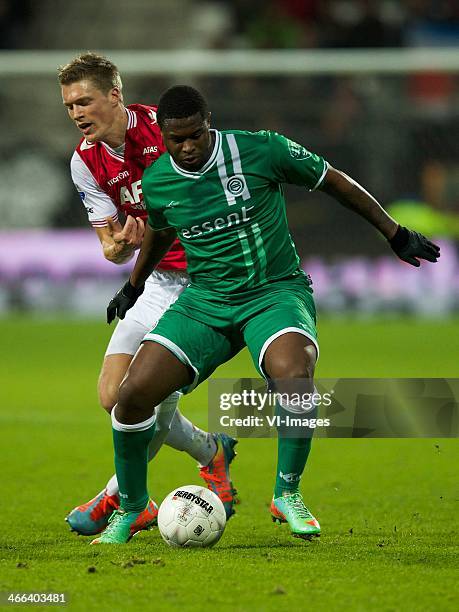 Viktor Elm of AZ, Genero Zeefuik of FC Groningen during the Dutch Eredivisie match between AZ Alkmaar and FC Groningen at AFAS stadium on february 1,...