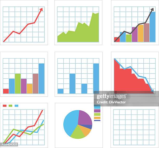 icon set of various graph and chart pieces - line graph stock illustrations