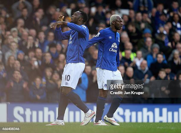 Romelu Lukaku of Everton celebrates scoring their second goal from the penalty spot with Arouna Kone of Everton during the Barclays Premier League...