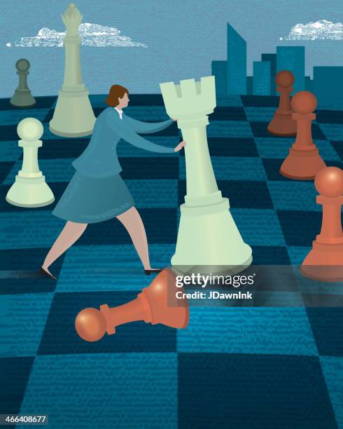 business strategy concept - businesswoman on chessboard with chess piece - chess stock illustrations