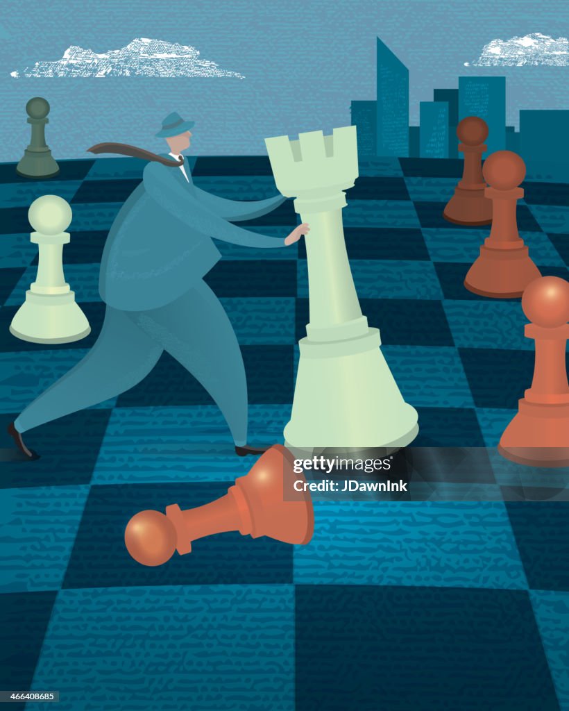 Concept de stratégie d'entreprise, Homme d'affaires sur un échiquier avec Pièce d'échecs
