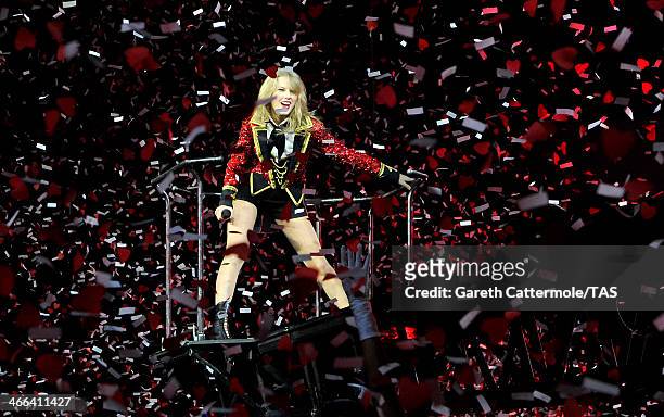 Seven-time Grammy winner Taylor Swift performs on stage as she kicked off the European leg of her blockbuster The RED Tour with the first of five...