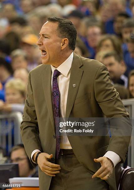 Head coach Billy Kennedy of the Texas A&M Aggies reacts during the first half of play against the Florida Gators at the Stephen C. O'Connell Center...