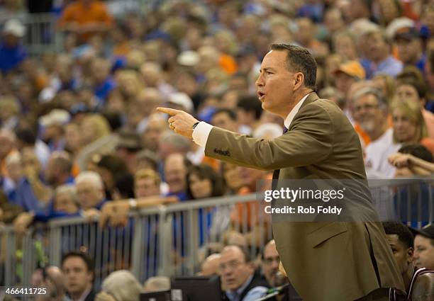 Head coach Billy Kennedy of the Texas A&M Aggies reacts during the first half of play against the Florida Gators at the Stephen C. O'Connell Center...