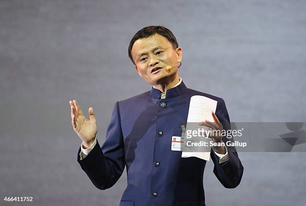 Alibaba Group Executive Chairman Jack Ma speaks at the opening ceremony of the 2015 CeBIT technology trade fair on March 15, 2015 in Hanover,...
