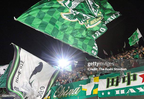 Matsumoto Yamaga supporters cheer prior to the J.League match between Matsumoto Yamaga and Sanfrecce Hiroshima at Alwin Stadium on March 14, 2015 in...